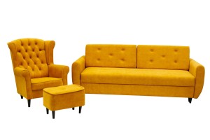 Komplet Tapicerowany Złoty - Kanapa Jadzia - Fotel z Podnóżkeim Glamour